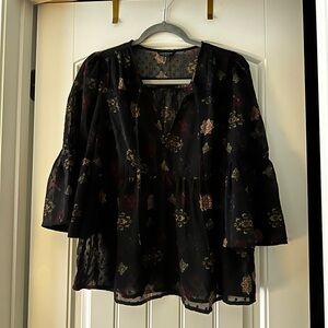 Lucky Brand Black Sheer Floral Peasant Blouse